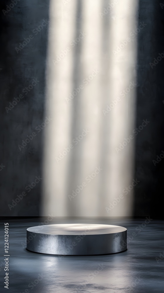 Poster a podium with a sleek silver finish, positioned in front of an empty space with soft beams of light 