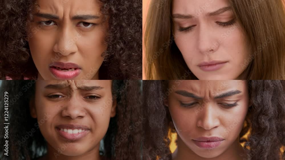 Poster A collection of four individuals from different backgrounds, each displaying distinct facial expressions that convey a range of emotions. The setting highlights their diversity and unique reactions.