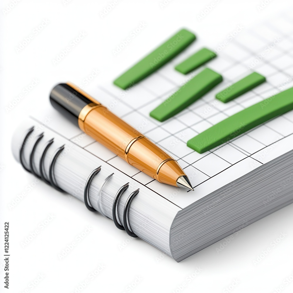 Poster close-up of a spiral-bound notebook with graphs and a golden pen for data analysis