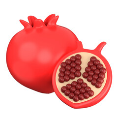 Pomegranate 3D Icon and a sliced half displaying juicy red seeds, ideal for icons, food visuals, or healthy lifestyle illustrations