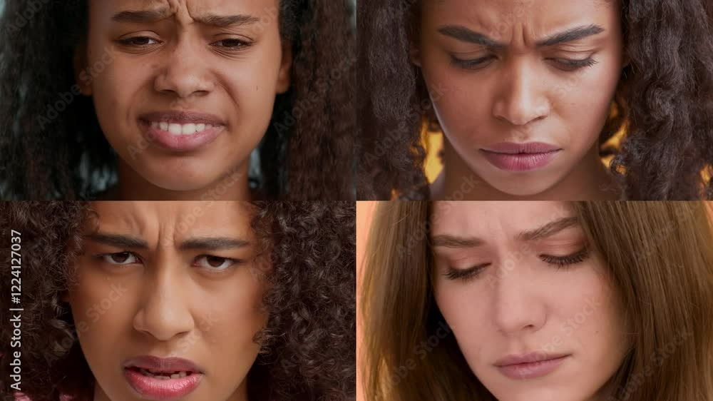 Poster a collage features four diverse individuals showcasing a range of emotions through gestures and faci