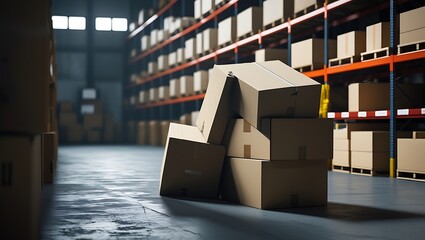 Stacked boxes tipping over in a warehouse, representing workplace hazards, logistics challenges, safety, and storage issues

