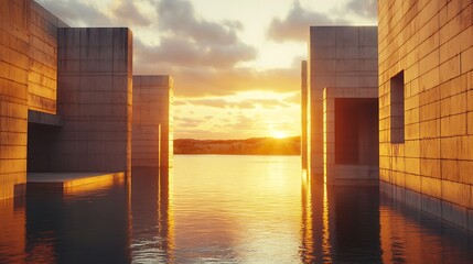 Golden Sunset Reflecting On Modern Architecture By The Water