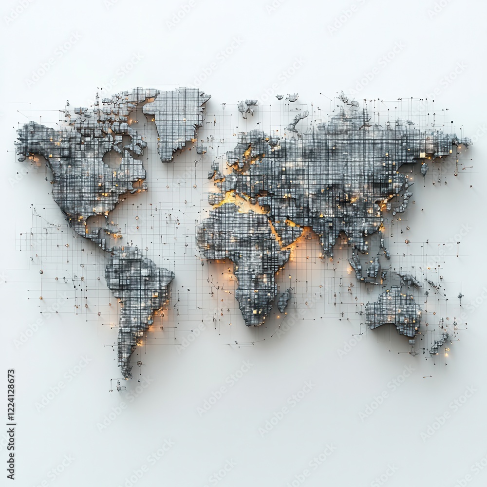 Poster abstract world map with geometric grid design