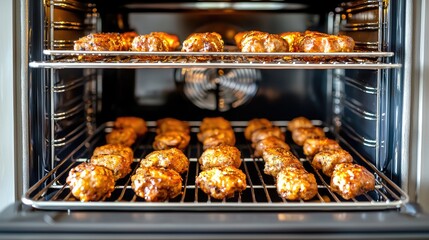 Meatballs baking in a modern oven. Kitchen appliance, food preparation