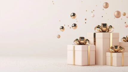 A stylish 3D discount coupon with bold typography, glittering decorations, and elegant gift boxes, on a clean white background