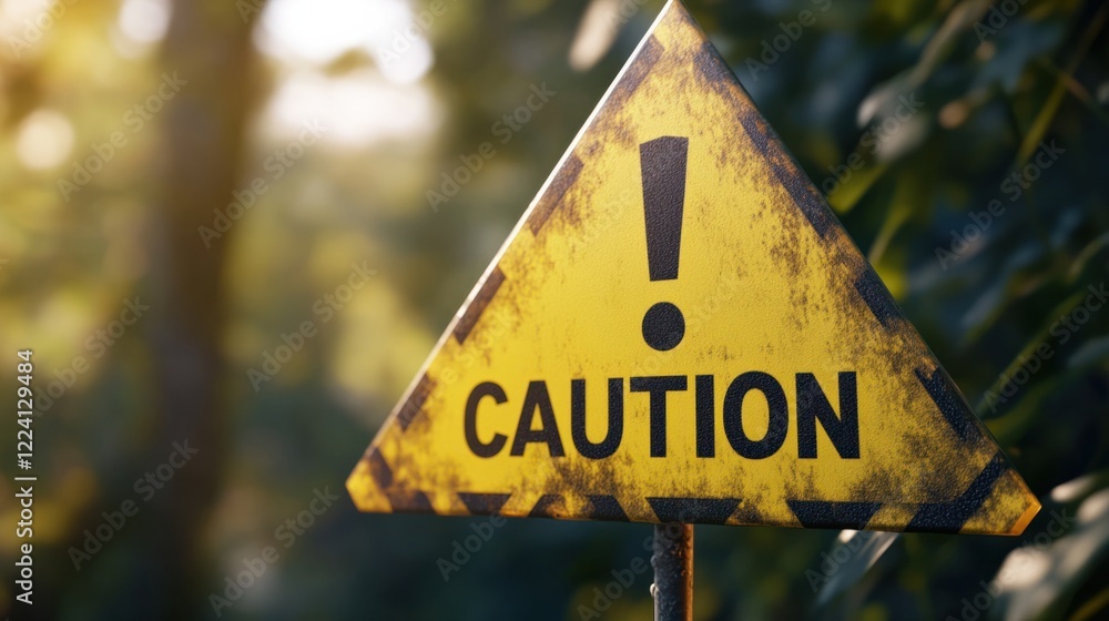 Fototapete A 3D yellow triangular warning sign with bold 