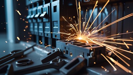 Malfunctioning circuit breaker panel with sparks, power surge, electrical hazards, and urgent repair needs

