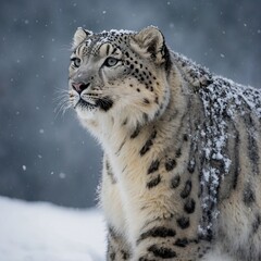 A snow leopard pausing to look back, its fur blending with the snowy background.