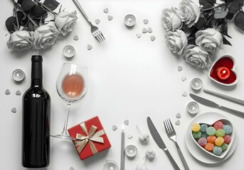 Top view vertical photo of a deep purple wine bottle and a clear wine glass filled with rosé, surrounded by yellow roses, a red gift box with a gold ribbon, a heart-shaped saucer filled with fruit