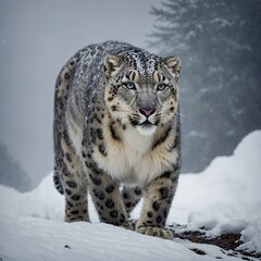 Obraz premium A snow leopard walking gracefully through a misty, snow-covered mountain trail.