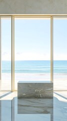 A podium made of gleaming marble, set in front of an open glass door, with a soft beach scene visible beyond