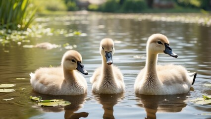 Obraz premium Three cygnets swim in a shallow, greenish pond surrounded by tall grasses.