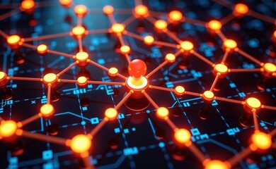 A vibrant 3D illustration of a molecular network with glowing blue and red nodes, symbolizing connectivity, innovation, and advanced technology concepts like AI, blockchain, and data structures.