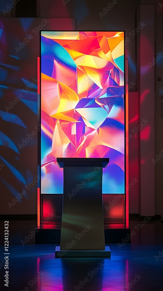 Poster a podium with a sharp, geometric design, positioned in front of a large digital screen displaying ab
