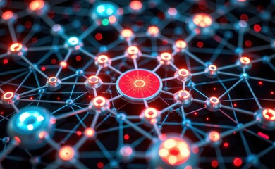 A vibrant 3D illustration of a molecular network with glowing blue and red nodes, symbolizing connectivity, innovation, and advanced technology concepts like AI, blockchain, and data structures.