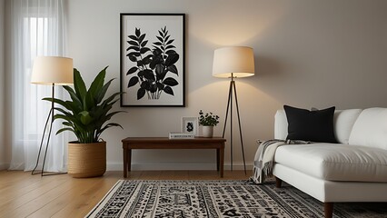 Stylish sofa setup with bold cushions and fresh flowers, creating a cheerful and inviting atmosphere. Mock up poster frame.