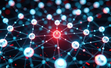 A vibrant 3D illustration of a molecular network with glowing blue and red nodes, symbolizing connectivity, innovation, and advanced technology concepts like AI, blockchain, and data structures.
