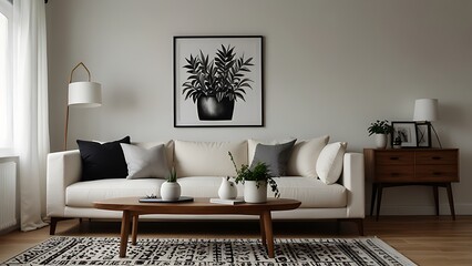 Stylish sofa setup with bold cushions and fresh flowers, creating a cheerful and inviting atmosphere. Mock up poster frame.