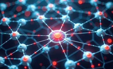 A vibrant 3D illustration of a molecular network with glowing blue and red nodes, symbolizing connectivity, innovation, and advanced technology concepts like AI, blockchain, and data structures.
