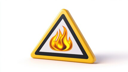 A vibrant 3D triangular yellow warning sign with a cartoonish fire icon and bold black outline, rendered on a white background