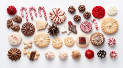Fototapeta premium A charming flat-lay of Christmas cookies, candy canes, and seasonal decorations, neatly arranged on a white surface, bringing warmth and festive spirit to the scene