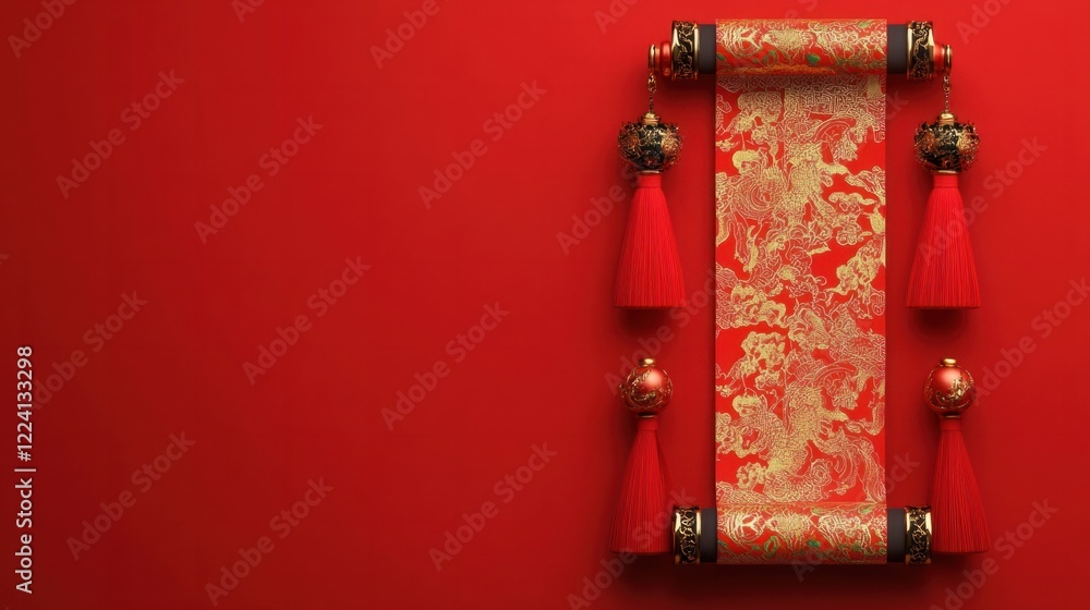 Poster a 3d rendered chinese style empty scroll with intricate gold patterns and red tassels, placed on a v
