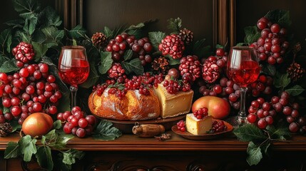 Still Life with Wine, Cheese, and Grapes: A Festive Autumnal Arrangement