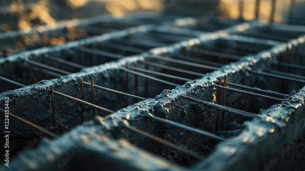 Poster a close-up of a foundation pit, with neatly arranged rebar and formwork, ready for concrete pouring,