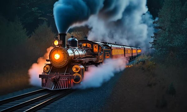 Vintage steam locomotive chugging through a misty forest at dusk, with glowing windows