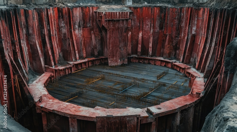 Poster A close-up of a foundation pit, with neatly arranged rebar and formwork, ready for concrete pouring, showcasing the precision and planning of construction