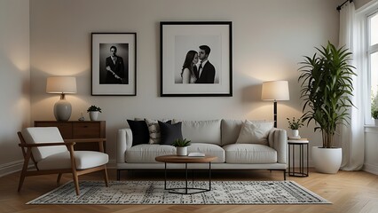 Stylish sofa setup with bold cushions and fresh flowers, creating a cheerful and inviting atmosphere. Mock up poster frame.