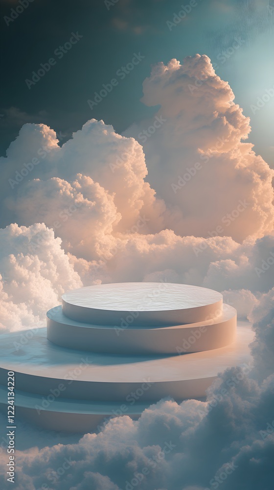 Poster a podium surrounded by delicate clouds, floating in an ethereal space with soft light illuminating i