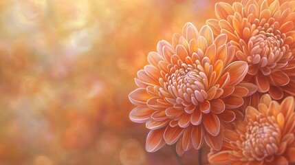Orange chrysanthemums blooming, garden bokeh background, autumn, greeting card