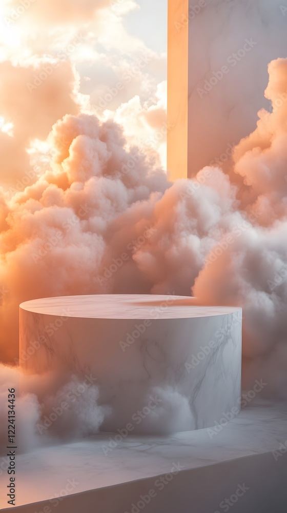 Poster a podium surrounded by delicate clouds, floating in an ethereal space with soft light illuminating i