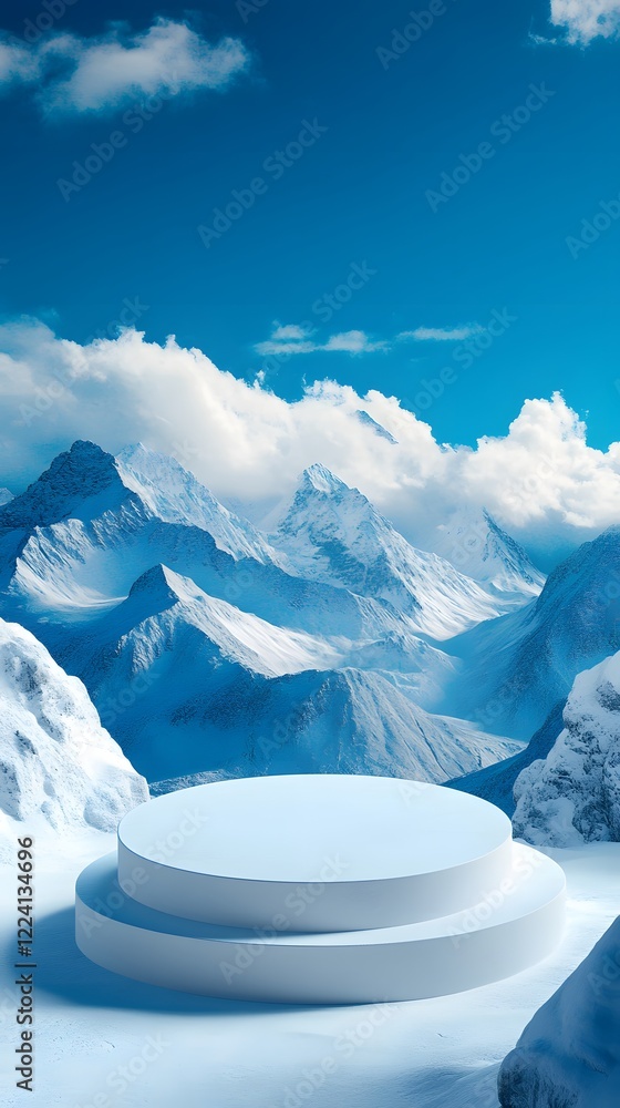 Poster a podium with soft edges, placed in front of a vast snowy mountain range with crisp blue skies and s