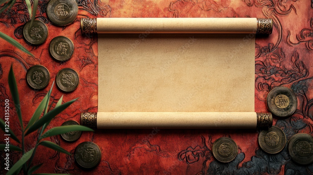 Poster a glossy 3d chinese scroll with elegant patterns and blank parchment, set against a rich background 