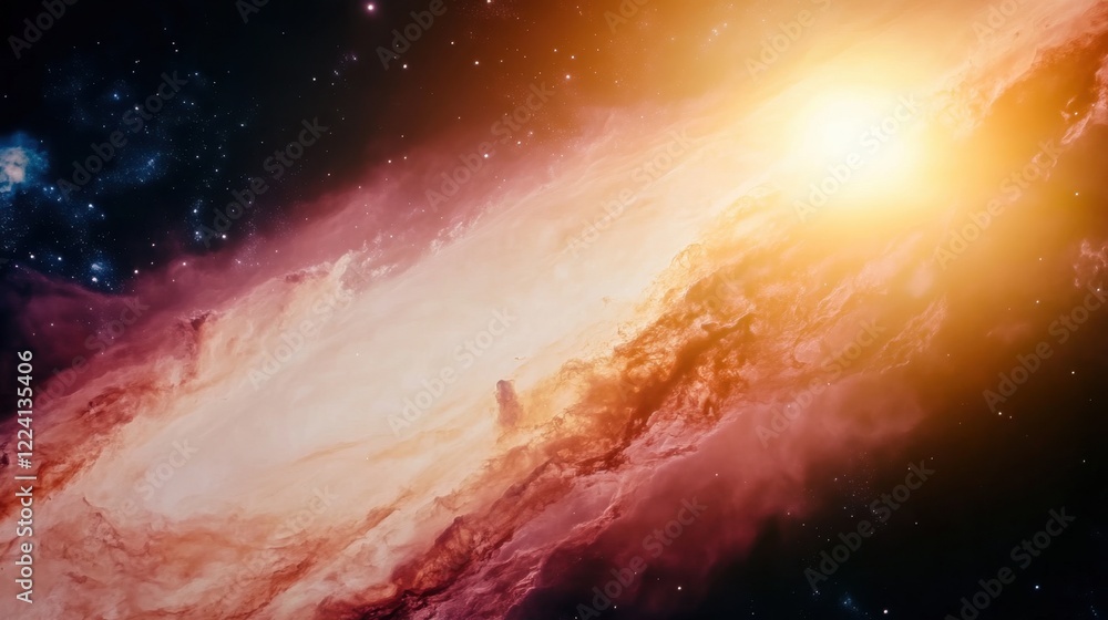 Poster cosmic landscape with bright light source illuminating nebula and stars in deep space