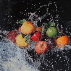 Fresh fruits splashing in water with apples and tomatoes in motion