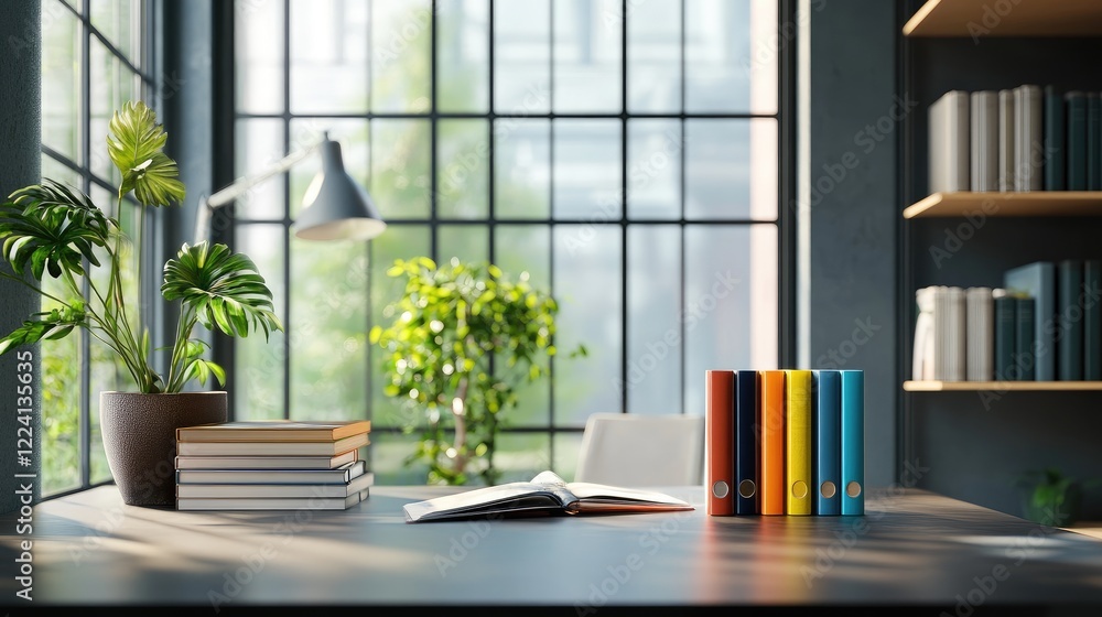Aufkleber a contemporary office scene with neatly stacked colorful books on a minimalist desk, reflecting a cr