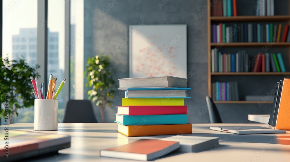 Aufkleber a contemporary office scene with neatly stacked colorful books on a minimalist desk, reflecting a cr