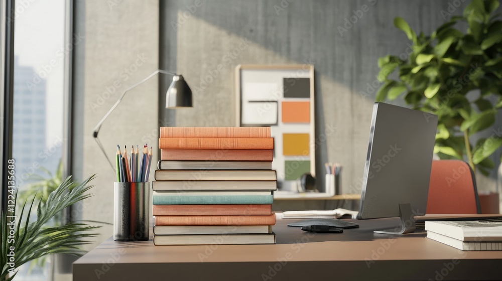 Poster a contemporary office scene with neatly stacked colorful books on a minimalist desk, reflecting a cr