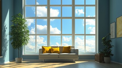 Fototapeta premium A contemporary living room with large windows allowing soft natural light to fill the space, offering a view of a vivid blue sky, creating a warm, inviting atmosphere