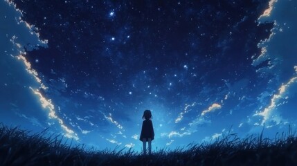 Fototapeta premium Starry Night Serenity: A Girl Silhouetted Against a Breathtaking Celestial Canvas