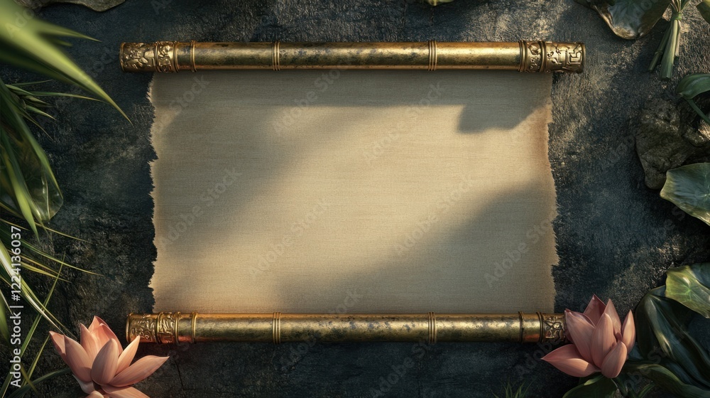 Poster a glossy 3d rendering of a blank chinese scroll with golden edges, surrounded by traditional element