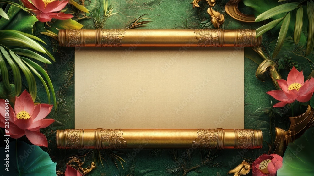 Poster a glossy 3d rendering of a blank chinese scroll with golden edges, surrounded by traditional element