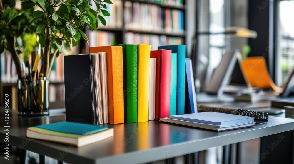 Poster A creative and dynamic office scene with colorful books arranged on a sleek desk, creating an energetic and modern atmosphere perfect for innovation