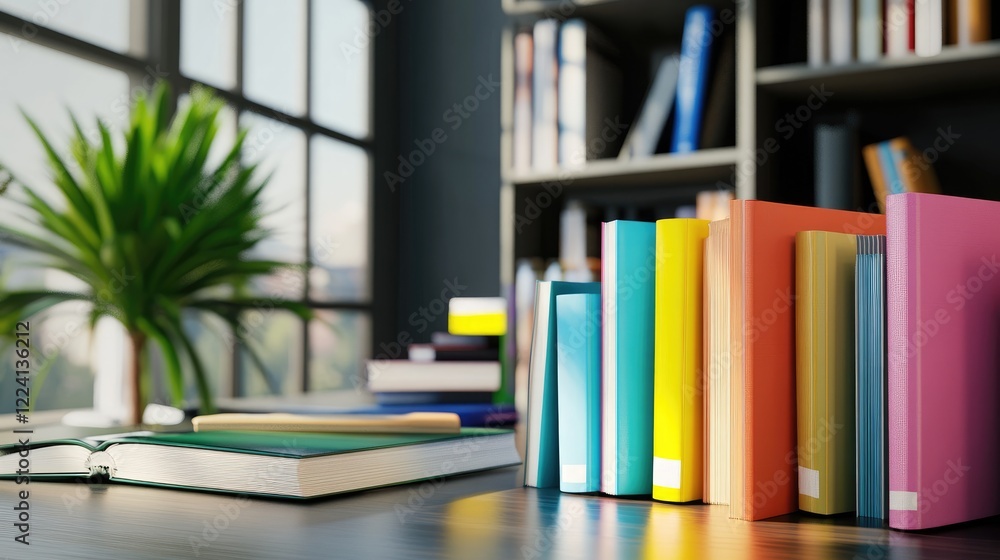 Poster A creative and dynamic office scene with colorful books arranged on a sleek desk, creating an energetic and modern atmosphere perfect for innovation