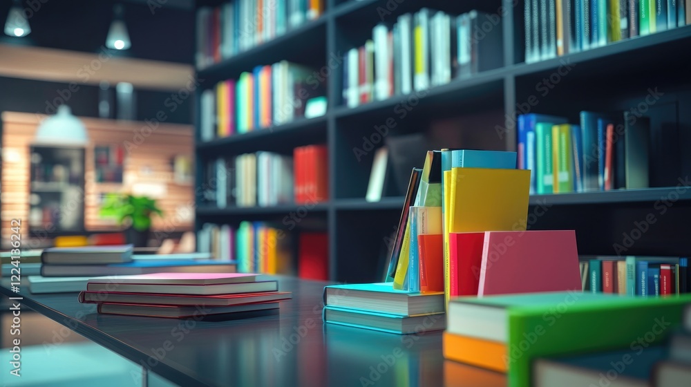 Poster A creative and dynamic office scene with colorful books arranged on a sleek desk, creating an energetic and modern atmosphere perfect for innovation