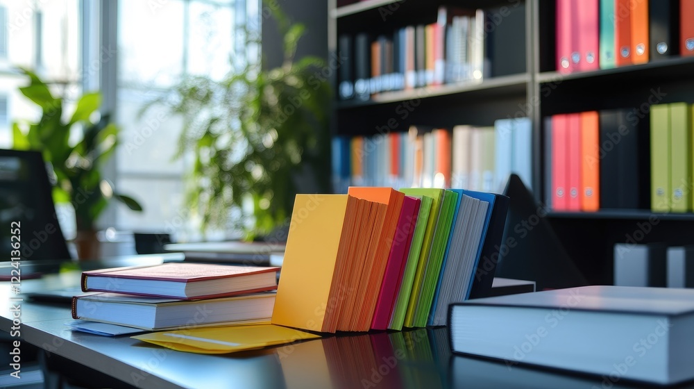 Poster A creative and dynamic office scene with colorful books arranged on a sleek desk, creating an energetic and modern atmosphere perfect for innovation